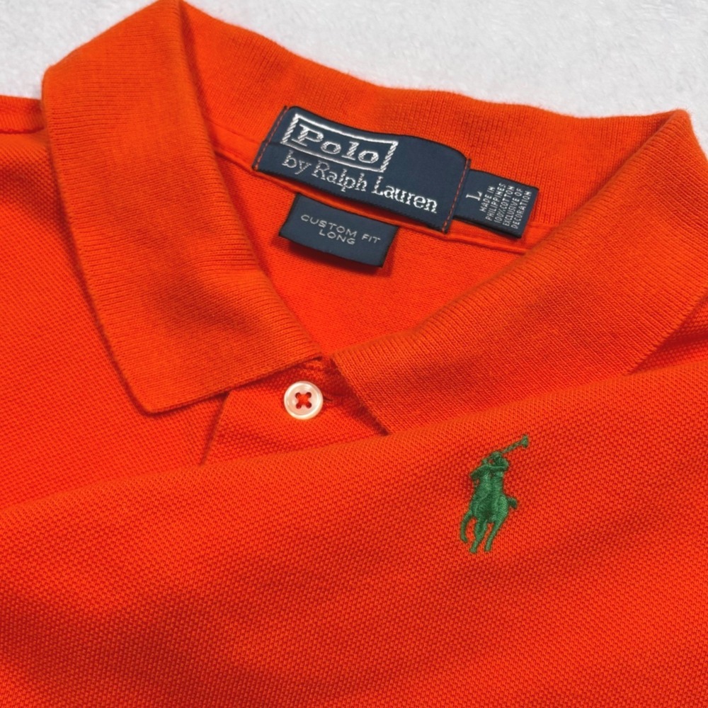 Polo Ralph Lauren Polo Shirt Men L (FIT M) Orange CUSTOM LONG Green Pony Preppy